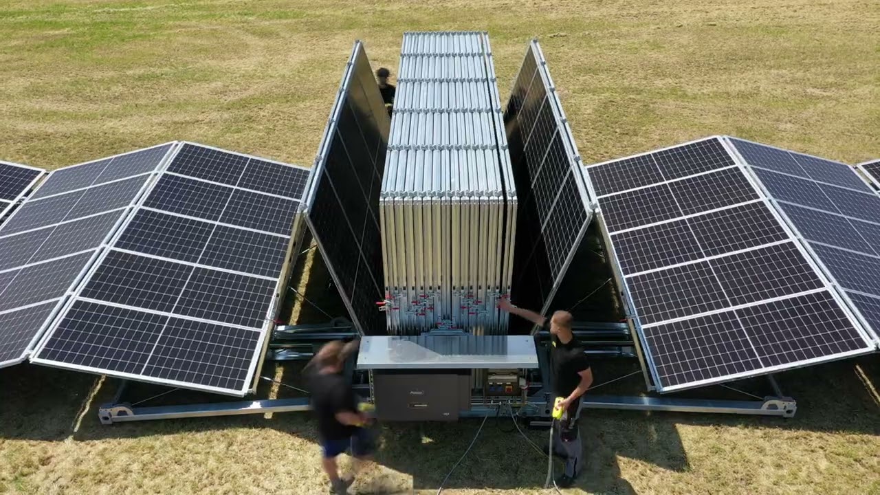 Mobile solar array unfolds from shipping container