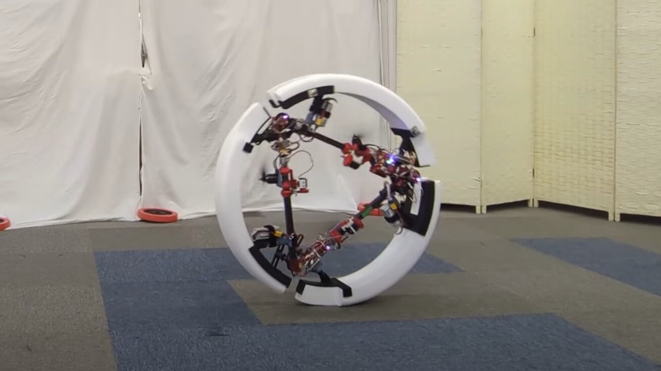 Flying bot can also form a wheel and roll