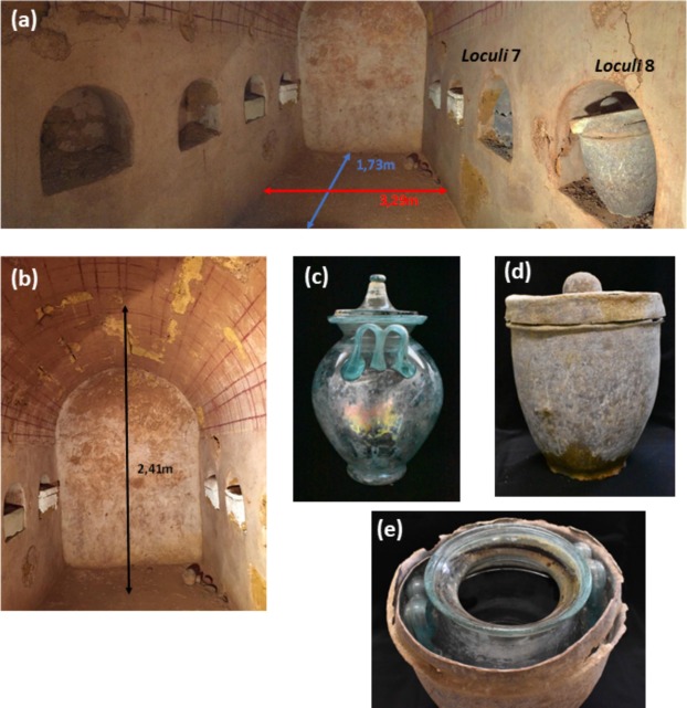 Roman tomb and urn in Carmona. (a), (b) Funeral chamber. (c) Urn in niche 8. (d) Lead case containing the urn. (e) Reddish liquid contained in the urn. Credit: Cosano D. et al./Journal of Archaeological Science. Article: The world's oldest wine discovered