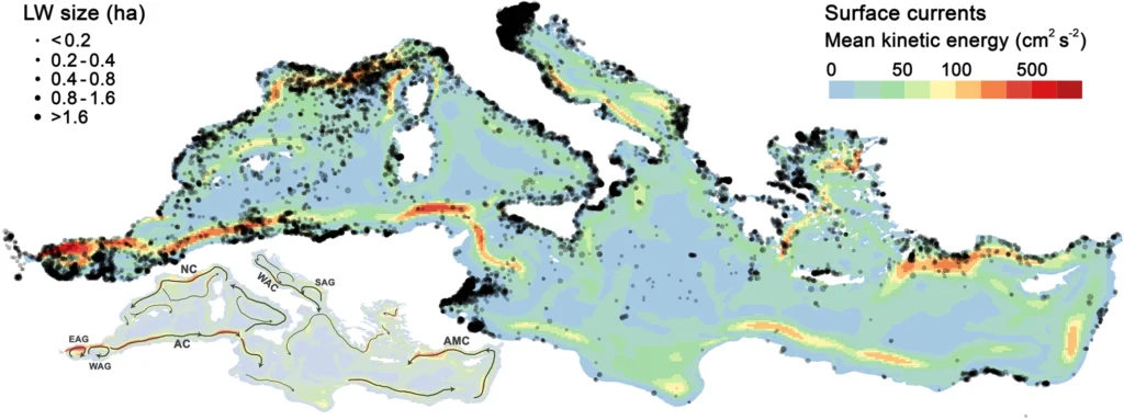 Litter-windrow (LW) detections in the Mediterranean Sea. The size of the semi-transparent black dots is proportional to the LW area. Credit: Cózar, A., Arias, M., Suaria, G. et al./Nature Communications