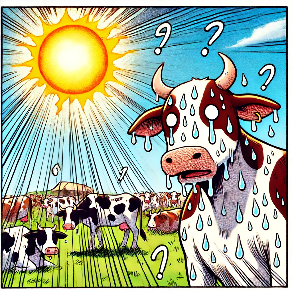 Illustration by Superinnovators x AI. Article: Sweaty cattle may boost food security in a warming world.