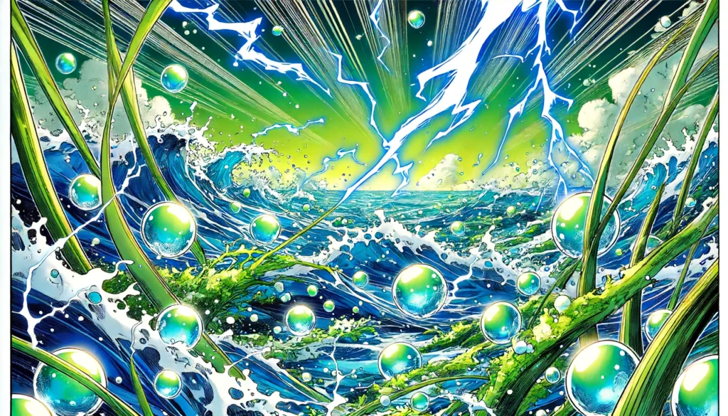 Illustration by Superinnovators x AI. Article: Algae offer potential as a renewable electricity source.