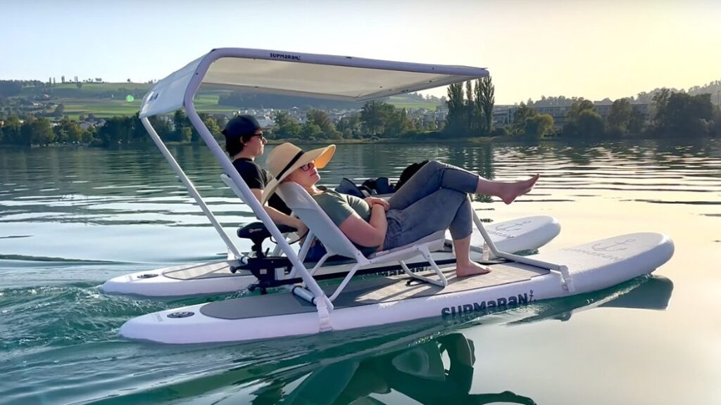 The Supmaran, designed in Switzerland and Austria, is a novel boating concept comprising a kit that converts two stand-up paddleboards (SUPs) into a two-seater catamaran.