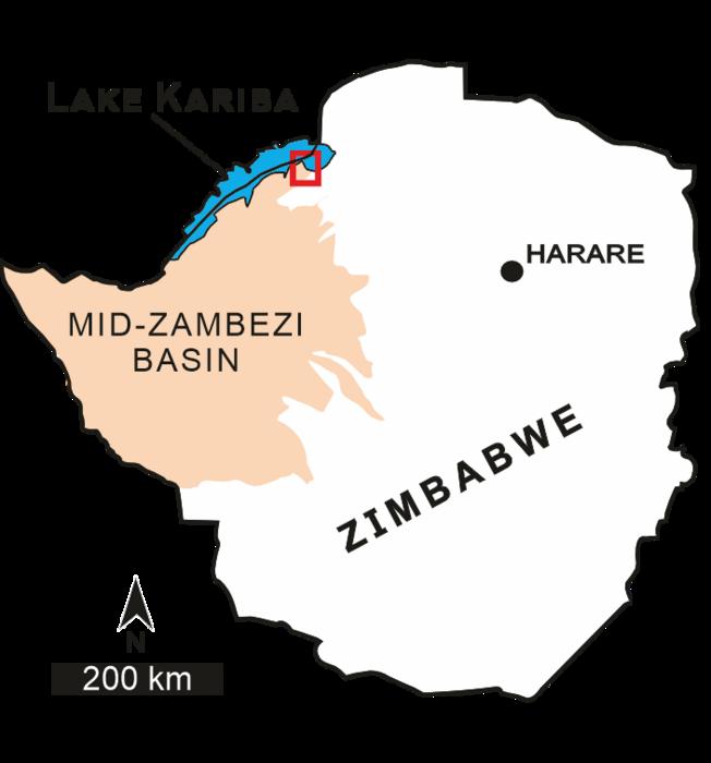 Map showing the geographic setting of the Mid-Zambezi Basin and Spurwing Island in northwest Zimbabwe. Credit: Lara Sciscio. Article: New dinosaur species found in Zimbabwe.