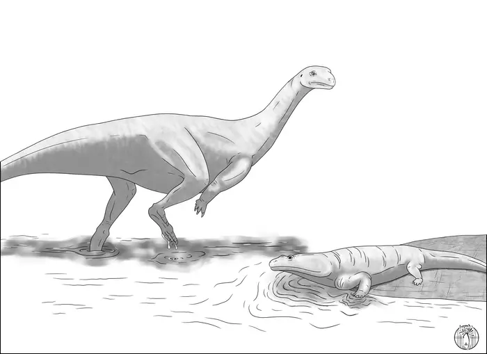 Artist reconstruction of Musankwa sanyatiensis, walking in Triassic shallow waters past a metoposaur. CREDIT Atashni Moopen. Article: New dinosaur species found in Zimbabwe.

