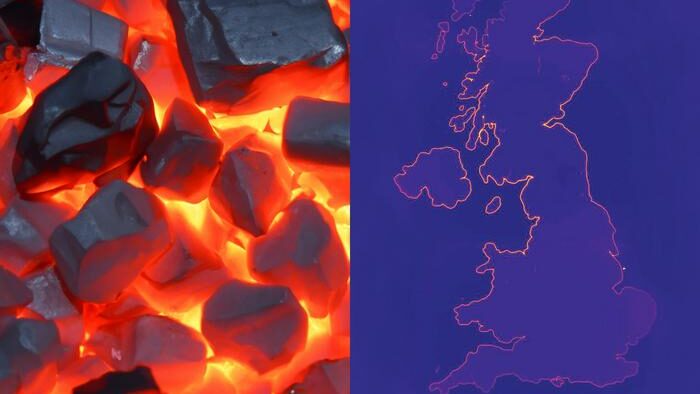 Thermal radiation: Usually it depens only on the temperature (coal on the left), But with topological tricks, it is possible to make a surface emit thermal radiation only at certain points, so that a picture can be created, for example a map of the British isles. CREDIT TU Wien. Article: Customised thermal radiation.