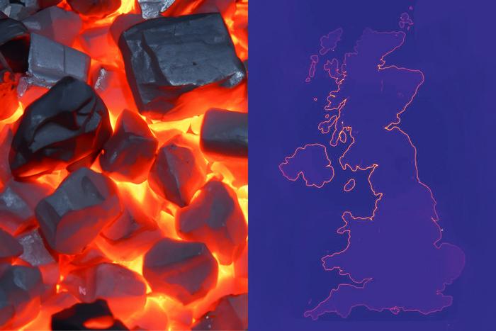 Thermal radiation: Usually it depens only on the temperature (coal on the left), But with topological tricks, it is possible to make a surface emit thermal radiation only at certain points, so that a picture can be created, for example a map of the British isles. CREDIT TU Wien. Article: Customised thermal radiation.