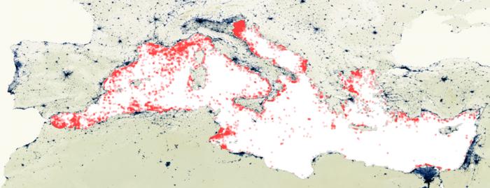 Map of the Mediterranean Sea showing the locations of marine debris accumulations detected thanks to the European satellite Copernicus Sentinel-2. Each red circle represents an accumulation detected during the observation period from June 2015 to September 2021. The blue zones on land correspond to the urban and industrial areas of the countries bordering the Mediterranean Sea. CREDIT Manuel Arias / Andrés Cózar