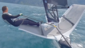 Paul Farien sailing a Bieker Moth V3 on Lake Garda. Credit: Paul Farien/Patrick Lombardi (drone).