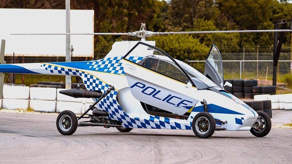 Pegasus E flying car mocked up as a Police vehicle. Credit: Pegasus Aerospace Corp