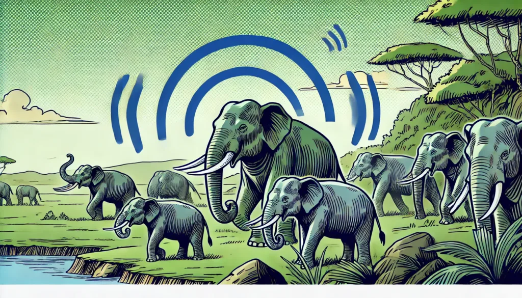 Illustration by Superinnovators x AI. Article: Male elephants signal ‘let’s go’ with deep rumbles