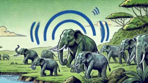 Illustration by Superinnovators x AI. Article: Male elephants signal ‘let’s go’ with deep rumbles