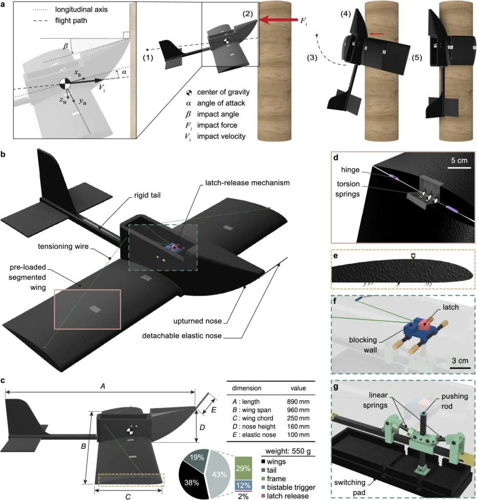 a Operating principle of PercHug depicting the key steps of the perching maneuver: (1) gliding, (2) primary impact, (3) reorientation and wing release, (4) secondary impact, and (5) wing-wrapping. The red arrows represent the expected magnitudes of the impact forces, proportionally drawn. b Isometric view of PercHug showing different elements of the robotic platform. c Side view and physical properties of the robot. d Pre-loaded segmented wing interface in an open configuration. e Side view of the outermost wing segment highlighting the hooks. f Latching wing release mechanism (blue and red). g Backup bistable trigger (green). A straw-coloured fruit bat (Eidolon helvum) holding onto a tree branch using its wings and clawed feet (left), a great grey owl (strix nebulosa) fledging on its first day out of the nest wrapping its wings around a tree trunk to rest during climbing (center), and the PercHug robot perching vertically on a tree by hugging (right). Credit: 2024 Askari, M. et al./Communications Engineering