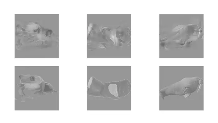 Three pairs of texforms showing unrecognizable and clear versions of objects. Gottlieb Lab/Columbia’s Zuckerman Institute