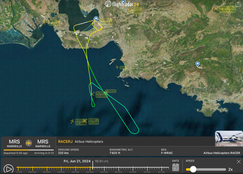 Flightradar24 view of Racer, 21st June 2024. Credit: Airbus