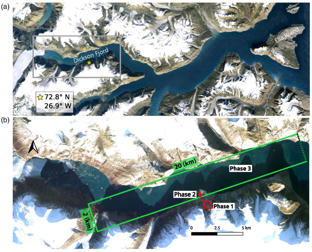 Aerial overview of the study region. (a) Location of the landslide (yellow star) on the southern shore of the Dickson Fjord. Credit: Angela Carrillo‐Ponce et al The Seismic Record 2024