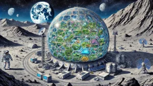 Illustration by Superinnovators x AI. Article: Smithsonian proposes biodiversity preservation on moon