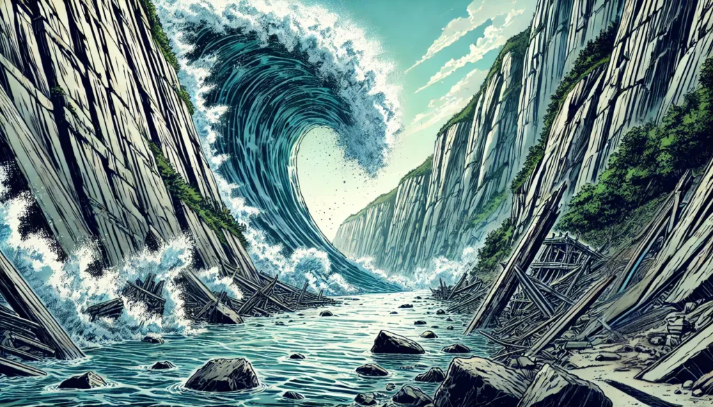 Illustration by Superinnovators x AI. Article: Greenland 200m megatsunami led to week-long oscillating fjord wave