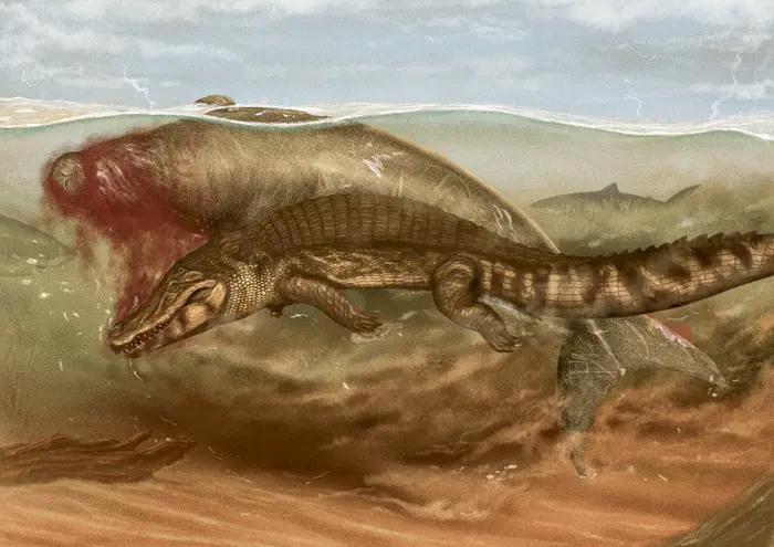 Illustration of a sea cow being attacked by a crocodile. Credit Jaime Bran Sarmiento